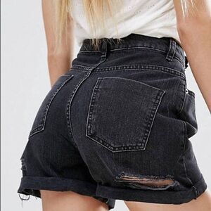 ASOS Denim High Waisted Mom Shorts in Washed Black With Bum Rips